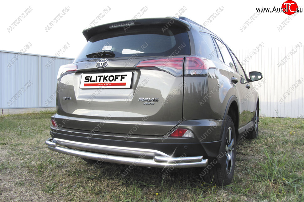 13 699 р. Защита заднего бампера Slitkoff (Ø57 и 42 мм, длинная)  Toyota RAV4  XA40 (2015-2019) 5 дв. рестайлинг (Нержавейка полированная)  с доставкой в г. Керчь