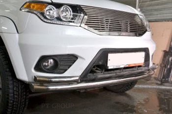 Защита переднего бампера двойная с углами из труб d63/51 мм Petroil Tuning Уаз Патриот ( 23632,  3163 5-дв.) (2014-2016) 1 рестайлинг пикап, 1-ый рестайлинг (Нержавеющая полированная сталь)