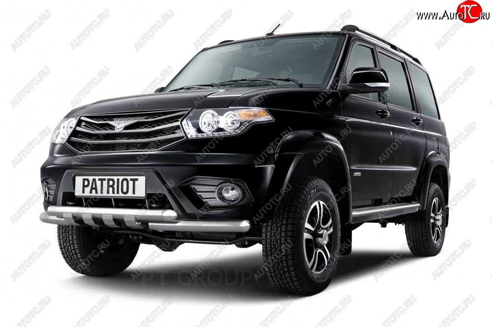30 099 р. Защита переднего бампера двойная с зубьями из труб d63/63 мм Petroil Tuning Уаз Патриот 23632 1 рестайлинг пикап (2014-2016) (Нержавеющая полированная сталь)  с доставкой в г. Керчь