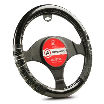 Оплётка руля (35-37см. (S), чёрная экокожа, серые 3D вставки) AUTOPROFI Chevrolet Aveo T300 хэтчбек (2011-2015)