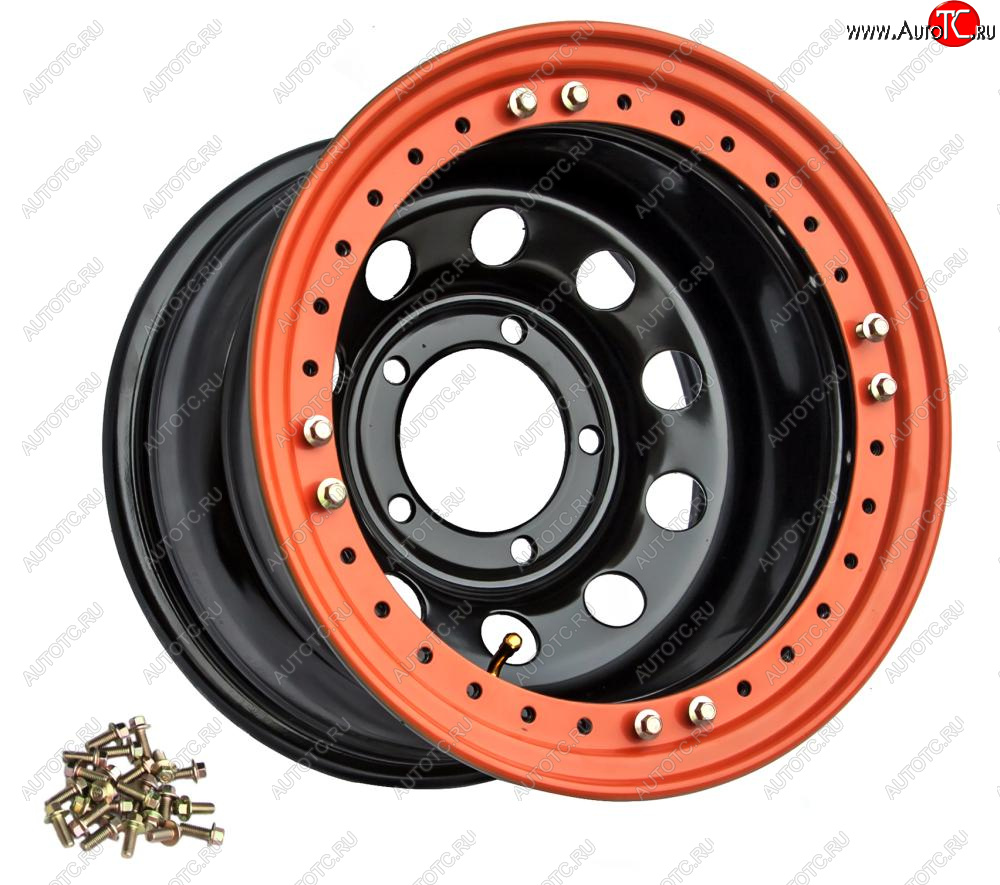 5 299 р. Штампованый диск OFF-ROAD Wheels (стальной усиленный с бедлоком, круг - черный/оранжевый). 10.0 x 15    с доставкой в г. Керчь