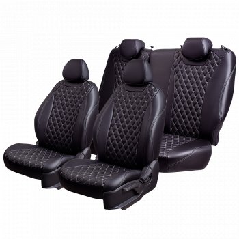 19 649 р. Чехлы для сидений (Люкс) Lord Autofashion Байрон (экокожа, 60/40, 3 Г-образных подголовника)  Лада Гранта FL ( 2191,  2190,  2194,  2192) (2018-2025) лифтбэк рестайлинг, седан рестайлинг, универсал рестайлинг, хэтчбек рестайлинг (Черный, вставка черная, строчка серая)  с доставкой в г. Керчь. Увеличить фотографию 2