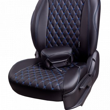 19 649 р. Чехлы для сидений (5 мест) Lord Autofashion Байрон (экокожа, раздельная спинка и сиденья, 3 Г-образных подголовника)  Лада Ларгус (2012-2021) дорестайлинг R90 (Черный, вставка черная, строчка синяя)  с доставкой в г. Керчь. Увеличить фотографию 4