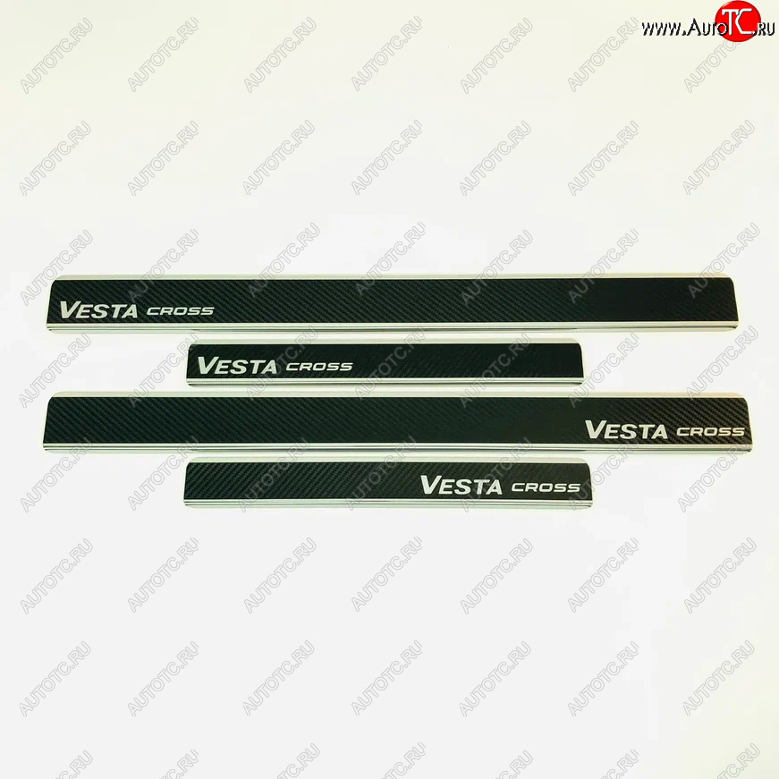 2 489 р. Накладки порожков салона INOX (Cross)  Лада Веста ( 2180,  SW 2181) - Веста Кросс ( SW 2181,  2180) (нержавеющая сталь + карбон)  с доставкой в г. Керчь