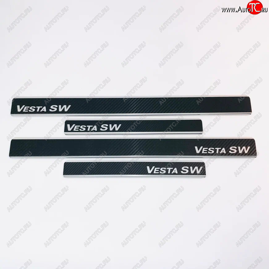 2 489 р. Накладки порожков салона INOX (SW)  Лада Веста  SW 2181 (2017-2025) универсал дорестайлинг, универсал рестайлинг (Нержавеющая сталь + карбон)  с доставкой в г. Керчь
