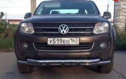 Двойная защита переднего бампера d63.5 мм с пластинами Металл Дизайн Volkswagen Amarok (2009-2016) дорестайлинг (полированная нержавейка)