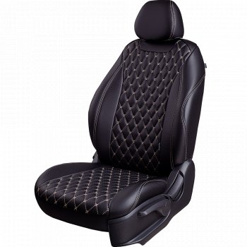13 949 р. Чехлы для сидений Lord Autofashion Байрон (экокожа, 60/40, подлокотник, 3 Г-образных подголовника)  Volkswagen Jetta  A6 (2011-2018) седан дорестайлинг, седан рестайлинг (Черный, вставка черная, строчка бежевая)  с доставкой в г. Керчь. Увеличить фотографию 2