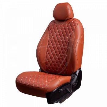 Чехлы для сидений (6R, 6C) Lord Autofashion Байрон (экокожа, спинка и сиденья 60/40, 2П- и 1 Г-образных подголовника) Volkswagen Polo  5 (2009-2020) седан дорестайлинг, хэтчбек дорестайлинг, седан рестайлинг, хэтчбек рестайлинг (Коричневый, вставка коричневая, строчка бежевая)