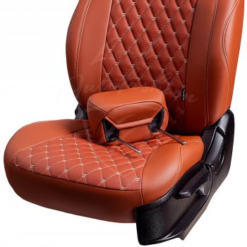 13 649 р. Чехлы для сидений (6R, 6C) Lord Autofashion Байрон (экокожа, спинка и сиденья 60/40, 2П- и 1 Г-образных подголовника)  Volkswagen Polo  5 (2009-2020) седан дорестайлинг, хэтчбек дорестайлинг, седан рестайлинг, хэтчбек рестайлинг (Коричневый, вставка коричневая, строчка бежевая)  с доставкой в г. Керчь. Увеличить фотографию 3