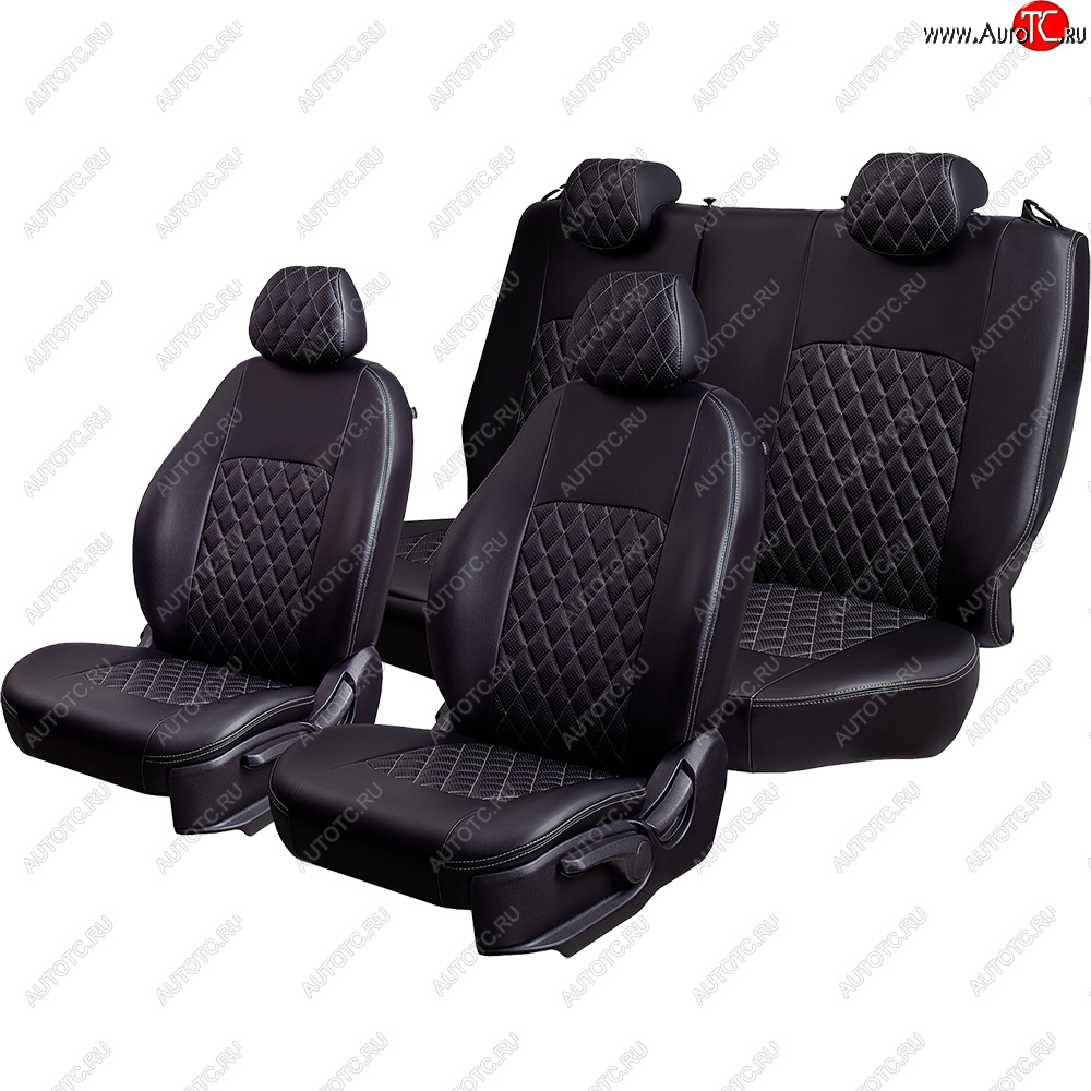 9 449 р. Чехлы для сидений Lord Autofashion Турин Ромб (экокожа, сплошная спинка, подлокотник, 2 П- и 1 Г-образных подголовника) Volkswagen Polo 5 хэтчбек рестайлинг (2015-2020) (Черный, вставка черная, строчка серая)  с доставкой в г. Керчь