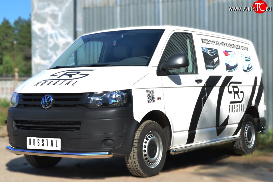 8 299 р. Левая защита порогов из круглой трубы диаметром 63 мм Russtal Volkswagen Transporter T6 дорестайлинг (2015-2019) (Защита порогов с со скосами на торцах (вариант 1))  с доставкой в г. Керчь
