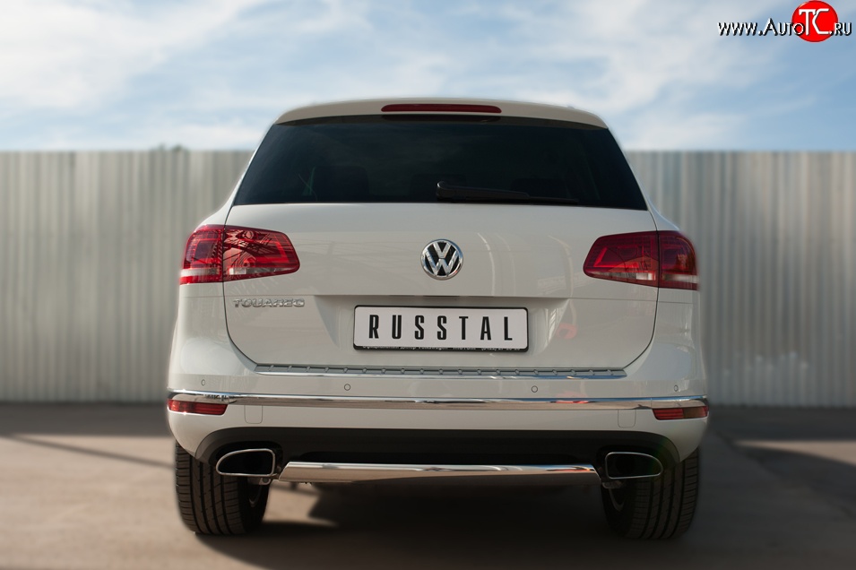 13 999 р. Защита заднего бампера (Ø75x42 мм, нержавейка) Russtal Volkswagen Touareg NF рестайлинг (2014-2018)  с доставкой в г. Керчь