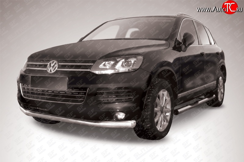 17 899 р. Одинарная защита переднего бампера диаметром 76 мм Slitkoff  Volkswagen Touareg  NF (2010-2014) дорестайлинг (Цвет: нержавеющая полированная сталь)  с доставкой в г. Керчь