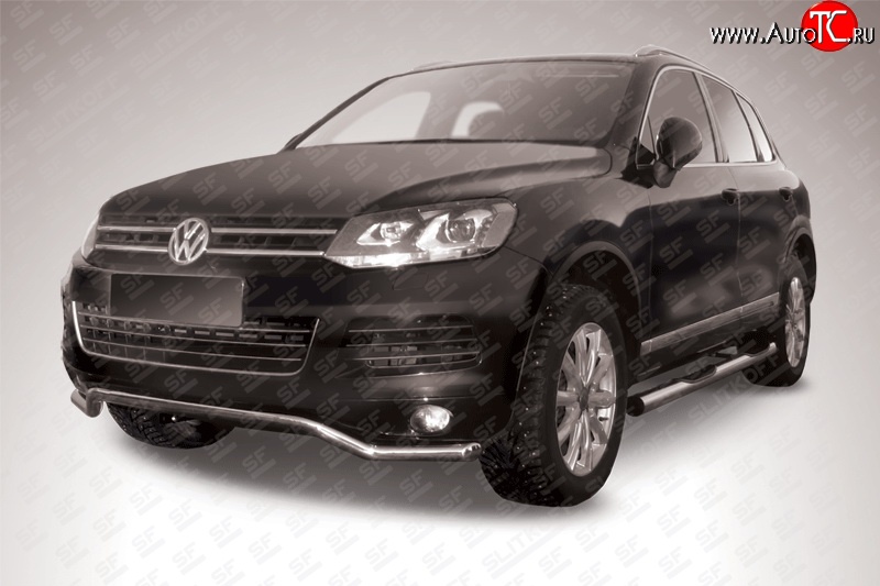 15 999 р. Защита переднего бампера из фигурной трубы диаметром 57 мм Slitkoff Volkswagen Touareg NF дорестайлинг (2010-2014) (Цвет: нержавеющая полированная сталь)  с доставкой в г. Керчь