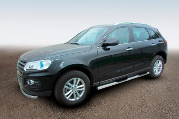 Защита порогов Slitkoff (Ø76 мм, с проступями) Zotye T600 (2014-2021) (Сталь полимерным покрытием в цвет: серебристый)