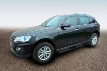 Защита порогов Slitkoff (Ø76 мм, с проступями) Zotye T600 (2014-2021) (Сталь с полимерным покрытием в цвет: черный)
